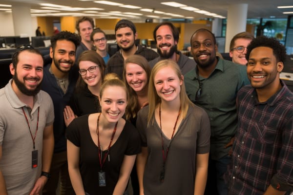 Google IT Professional Certificate Jobs : How to Launch a Successful IT Career, A diverse group of cheerful professionals gathered in an office setting.